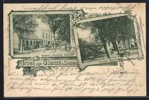 AK Glienick b. Zossen, Gasthof v. Friedrich Stephan, Kirche, Pfarrhaus