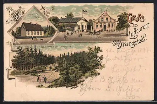 Lithographie Drangstedt, Forsthaus, Waldpartie mit Spaziergängern