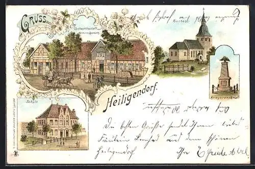Lithographie Heiligendorf, Gastwirtschaft v. Hermann Spanuth, Schule, Kriegerdenkmal