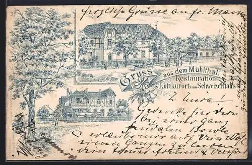 Lithographie Mühltal /Hessen, Restauration & Luftkurort zum Schweizerhaus