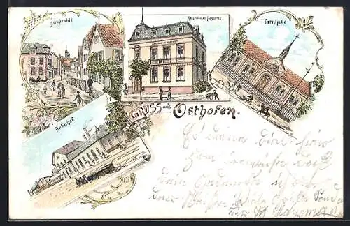 Lithographie Osthofen, Bahnhof, Kaiserliches Postamt, Turnhalle