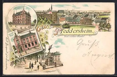 Lithographie Pfeddersheim, Amtsgericht, Schule, Kriegerdenkmal, Blick über den Ort