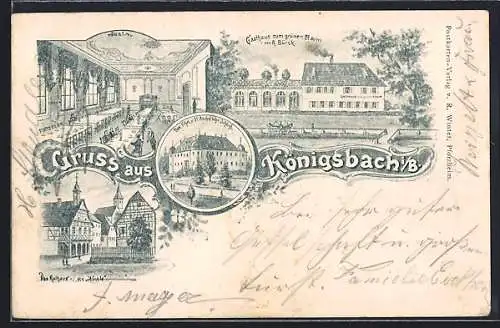 Lithographie Königsbach i. B., Gasthaus zum grünen Baum v. A. Bürck, Rathaus