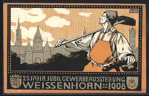 Künstler-AK Weissenhorn, 25. Jähr. Jubil. Gewerbe-Ausstellung 1908, Arbeiter auf dem Weg in die Stadt