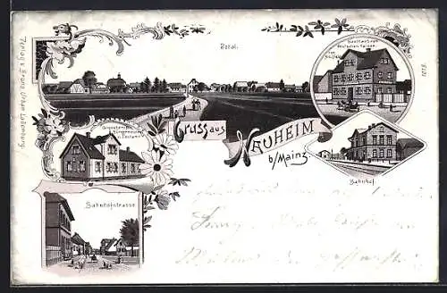 Lithographie Nauheim b. Mainz, Bahnhof, Gasthaus zum deutschen Kaiser