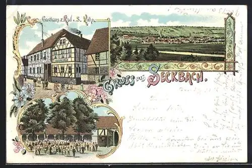 Lithographie Frankfurt-Seckbach, Gasthaus z. Rad v. S. Kühn, Ortsansicht