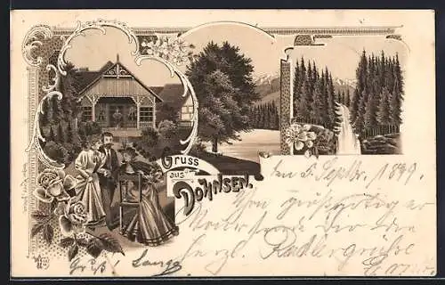 Lithographie Dohnsen / Br., Haus mit Garten, Wasserfall