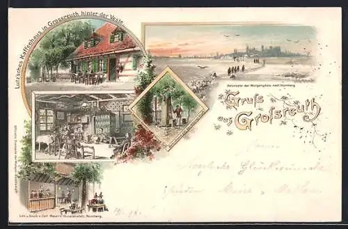 Lithographie Grossreuth, Lutz`sches Kaffeehaus hinter der Veste, Innenansicht, Heimkehr der Morgengäste nach Nürnberg