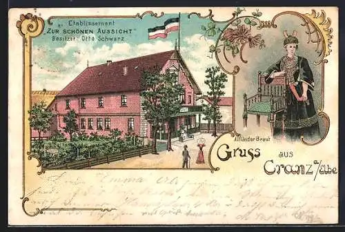 Lithographie Hamburg-Cranz, Gasthaus Zur schönen Aussicht, Bes. Otto Schwarz, Altländer Braut in Tracht
