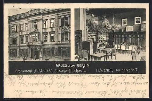 AK Berlin, Restaurant Zur Hütte v. H. Wendt, Taubenstrasse 7