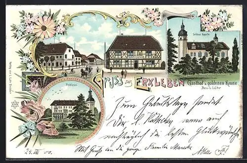 Lithographie Erxleben / Haldensleben, Gasthof z. goldenen Krone, Bes. L. Lühr, Schloss