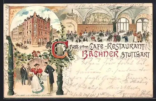 Lithographie Stuttgart, Café-Restaurant Bachner, Kaisersaal, Kellnerin stemmt 6 Maas Bier, um 1900