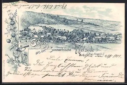 Lithographie Welsede /Kr. Hameln, Ortsansicht aus der Vogelschau