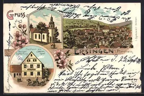 Lithographie Ersingen b. Pforzheim, Gasthaus zum Deutschen Kaiser, Bes. Gustav Fuchs, Ortsansicht