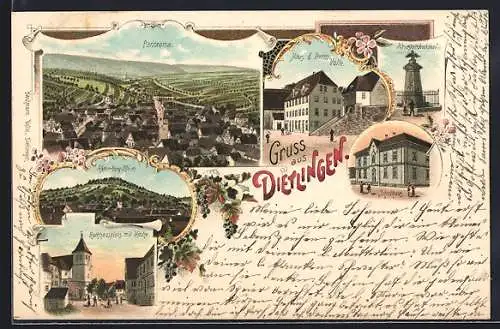 Lithographie Dietlingen / Keltern, Haus d. Herrn Volle, Schulhaus, Kriegerdenkmal
