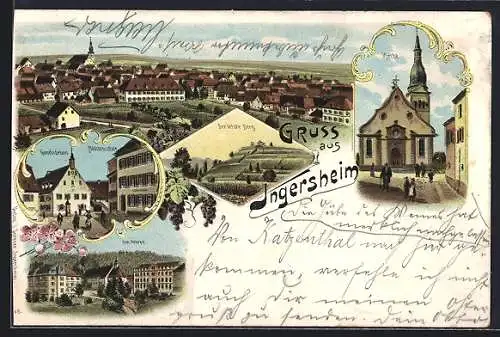 Lithographie Ingersheim, Gemeindehaus, Mädchenschule, Kirche