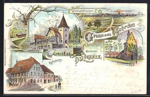 Lithographie Gehrden / Hannover, Gasthaus Ratskeller, Waldschlösschen, Gebäudeansicht