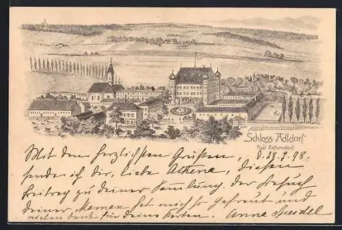 Lithographie Eichendorf / Niedbay., Schloss Adldorf aus der Vogelschau