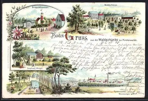 Lithographie Fürstenwalde / Spree, Gasthaus Waldschänke, Forsthaus Miegel