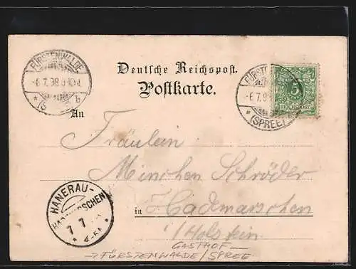 Lithographie Fürstenwalde / Spree, Gasthaus Waldschänke, Forsthaus Miegel