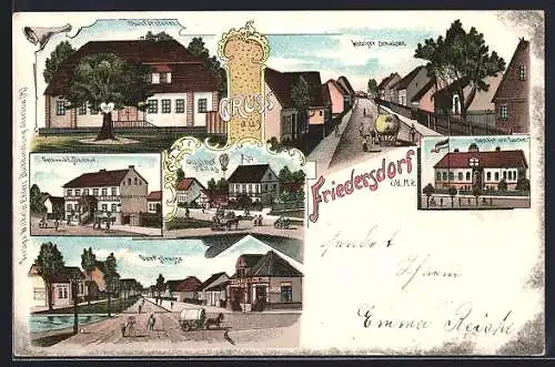 Lithographie Friedersdorf / Mark, Gasthof Paltas, Gelbrecht`s Gasthof, Gasthof von Lucke und Wolziger Schausee