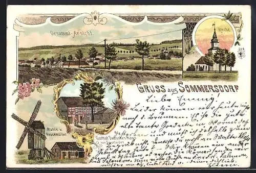 Lithographie Sommersdorf / Magdeburg, Gasthof Deutsches Haus von Sporleder, Kirche und Mühle von Hessemüller