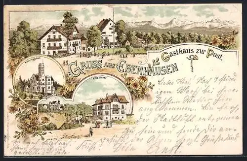 Lithographie Ebenhausen / Isartal, Gasthaus zur Post und Fische-Schlössl, 3 Ansichten