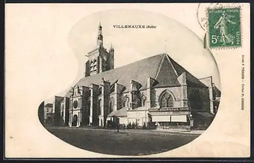 AK Villenauxe, Église avec facade détaillée et commerces adjacents