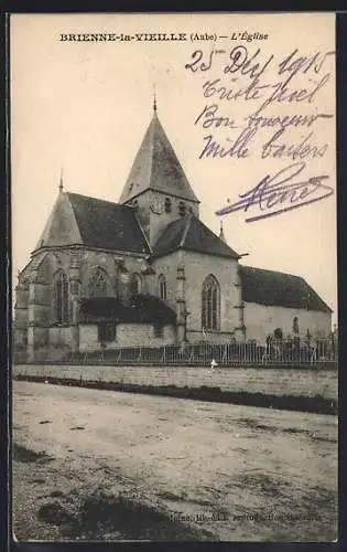 AK Brienne-la-Vieille, L`église avec clôture en bois et écriture manuscrite de voeux de Noël