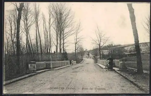 AK Jessains, Pont de Trannes et route bordée d`arbres
