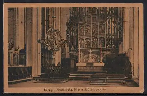 AK Danzig, Altar der Marienkirche mit 500 jähr. Leuchter
