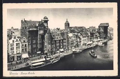 AK Danzig, Lange-Brücke mit Booten und Blick auf die Stadt