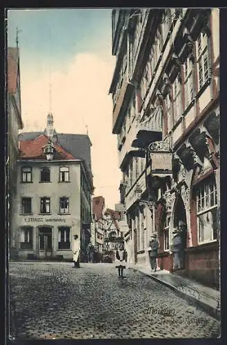 AK Marburg, Gasthaus Bopp Bierhalle und Terrasse in der Wettergasse und Trauben-Apotheke