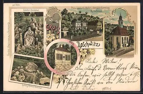 Lithographie Dresden-Loschwitz, Prov. Leonhardis Atelier u. Gemälde Sammlung Rothe Amsel, Schiller Denkmal, Kirche