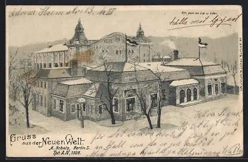 Lithographie Berlin-Neukölln, Neue Welt A. Scholz, mit leuchtenden Passanten