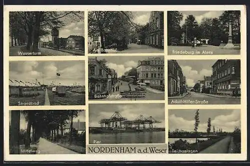 AK Nordenham, Wasserturm, Bahnhofstrasse, Pier, Teichanlagen, mehrere Teilansichten