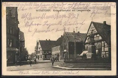 AK Wunstorf, Kriegerdenkmal mit Langestrasse