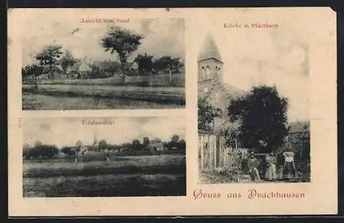 AK Drachhausen, Kirche und Pfarrhaus, Totalansicht, Ansicht von Sand