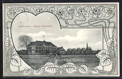 AK Tönning, Blick auf die Knabenschule in der Martje Flohrstrasse, Jugendstil-Passepartout