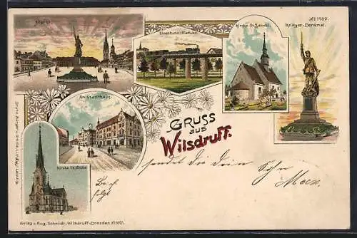 Lithographie Wilsdruff, Partie am Stadthaus, Marktplatz mit Kriegerdenkmal, Eisenbahn-Viadukt