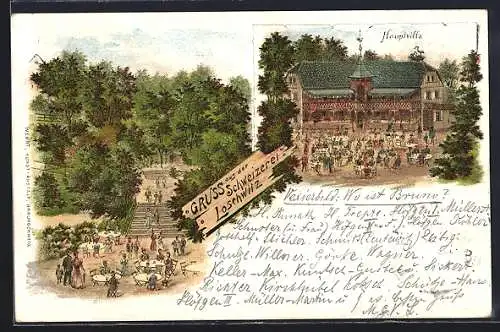 Lithographie Dresden-Loschwitz, Gasthaus Schweizerei, Hauptvilla