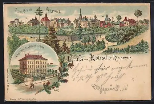 Lithographie Dresden-Klotzsche, Höhere Knaben- u. Mädchen-Schule, Villenkolonie Königswald