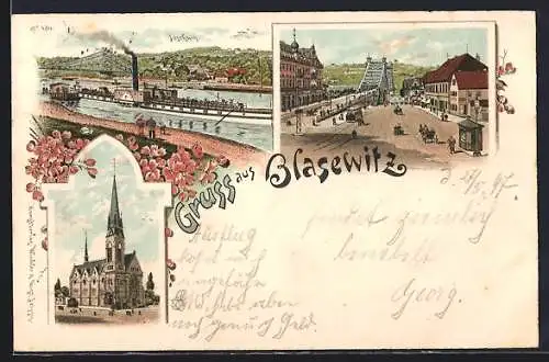 Lithographie Dresden-Blasewitz, Kirche, Strassenpartie mit Brücke, Uferpartie