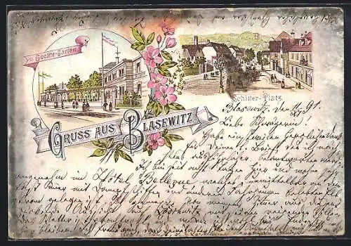 Vorläufer-Lithographie Dresden-Blasewitz, 1891, Gasthaus Goethe-Garten, Schiller-Platz