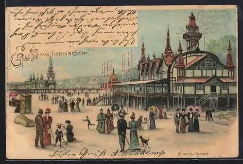 Lithographie Heringsdorf / Ostsee, Strand Casino