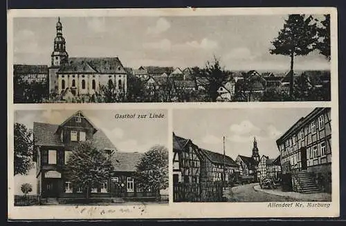 AK Allendorf / Marburg, Gasthof zur Linde, Teilansicht mit Kirche