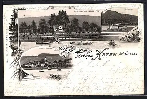 Lithographie Fuldatal, Gasthof Zum roten Kater, Schleuse, Spiekershausen