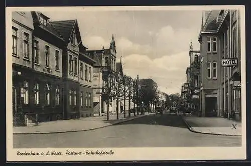 AK Nordenham a. d. Weser, Bahnhofstrasse mit Hotel und Postamt