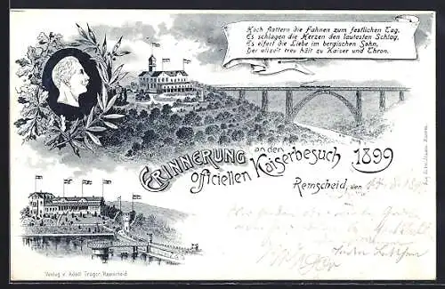 Lithographie Remscheid, Das Schloss im festlichen Schmuck zum Kaiserbesuch 1899