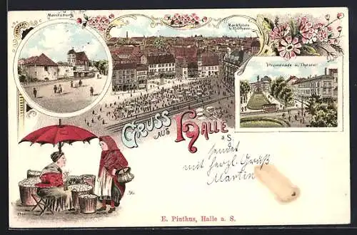 Lithographie Halle a. S., Moritzburg, Marktplatz und Rathaus und Promenade und Theater